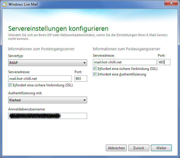 IMAP-/SMTP-Setup für Windows Live Mail (Windows 7)
