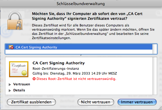CAcert Zertifikatsinstallation Apple Safari 3