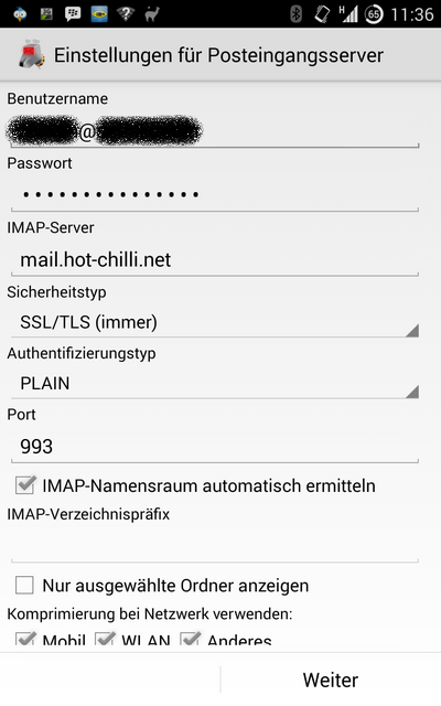 IMAP-Konfiguration für K-9 Mail (Android)