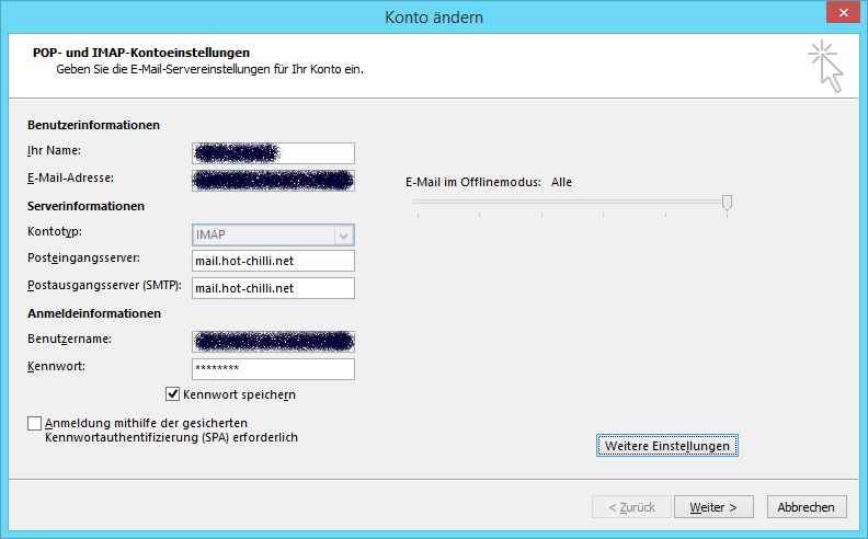 IMAP-/SMTP-Konfiguration #2 für Microsoft Outlook 2013 (Windows)