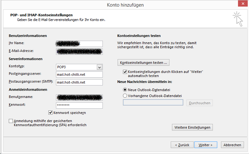 POP3-/SMTP-Konfiguration #2 für Microsoft Outlook 2013 (Windows)