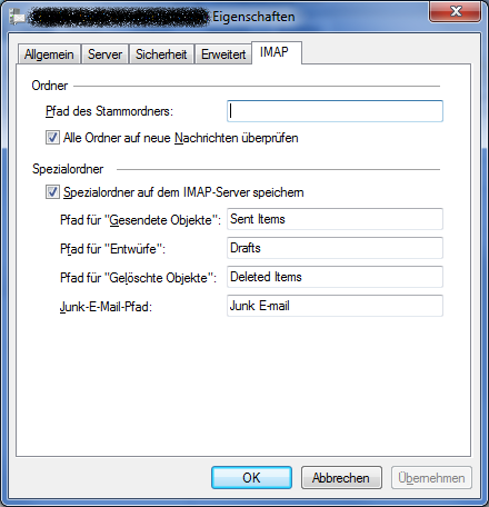 IMAP-Serverordner Konfiguration für Windows Live Mail (Windows 7)
