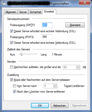 POP3-/SMTP-Konfiguration #3 für Windows Live Mail (Windows 7)